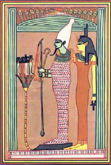 Osiris wearing
 the White crown and Menat and holding the Sceptre, Crook and Flail.
 Before him are the four children of Horus.